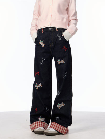 Jeans de Pierna Ancha Cintura Alta con Bordado de Moño Vintage - Image 22
