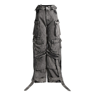 Pantalón Cargo Denim con Diseño de Cinta Decorativa y Bolsillos Múltiples - Image 5