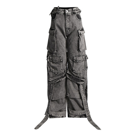 Pantalón Cargo Denim con Diseño de Cinta Decorativa y Bolsillos Múltiples - Image 5