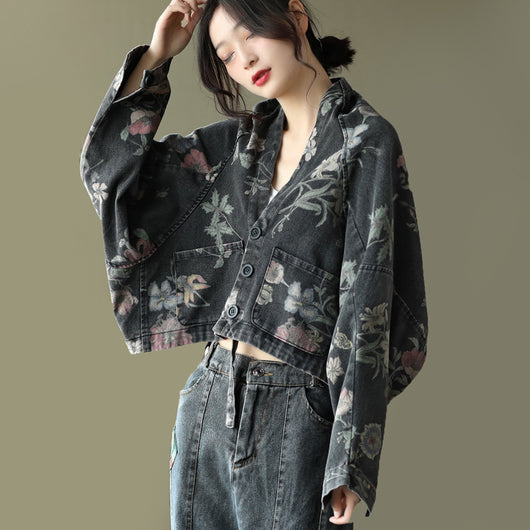 Chaqueta Denim Estampada Mujer Manga Murciélago Suelta - Image 11