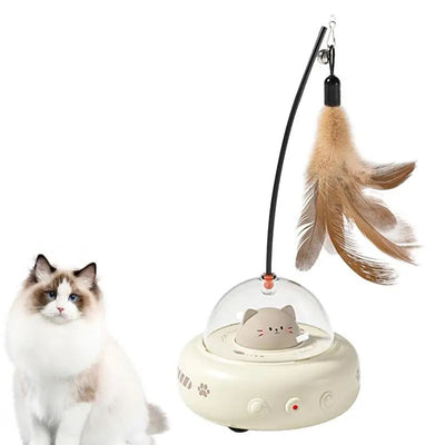 Electric interactive cat toy with a beige base, clear dome, and a cute cat head inside. Features a feather teaser wand with a bell. - Image 5