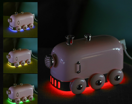 Pink retro mini train ultrasonic humidifier and aroma diffuser with rose gold accents on a white background. - Image 7