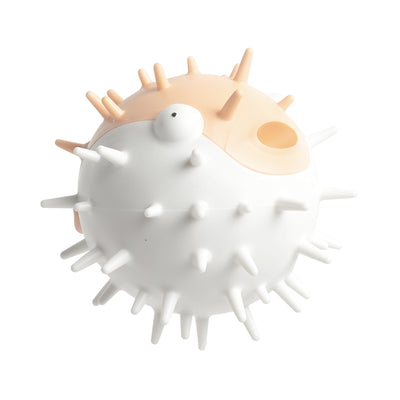 White and grey pufferfish-shaped dog toy with spikes, designed to be bite-resistant and vocal. - Image 11