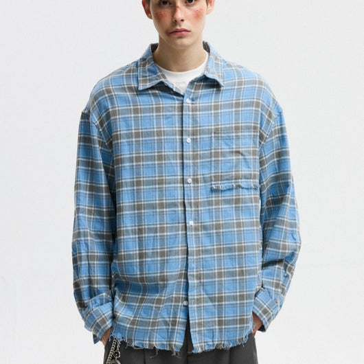 Camisa a Cuadros Unisex Estilo Americano Otoñal con Bordes Deshilachados - Image 4