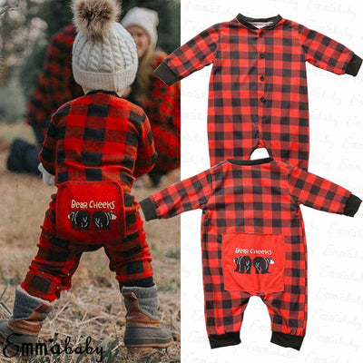 Red and black buffalo plaid baby romper with long sleeves, snap front closure, and black ribbed cuffs and collar. - Image 8