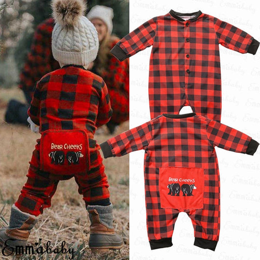Red and black buffalo plaid baby romper with long sleeves, snap front closure, and black ribbed cuffs and collar. - Image 8