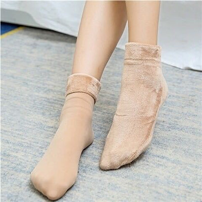 Pair of beige thermal tube socks with a plush lining, ideal for autumn and winter warmth. - Image 7