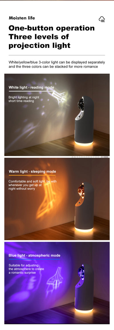 White and dark gray mini wireless ultrasonic humidifier and essential oil diffuser with an illuminated LED night lamp. - Image 16