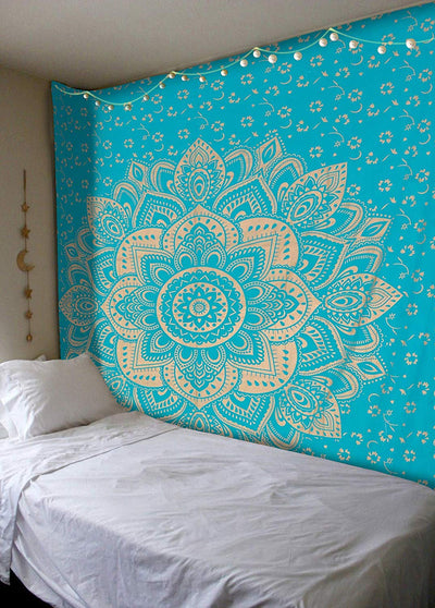 Navy blue tapestry with a large gold mandala pattern and smaller gold floral designs, made of polyester. - Image 16