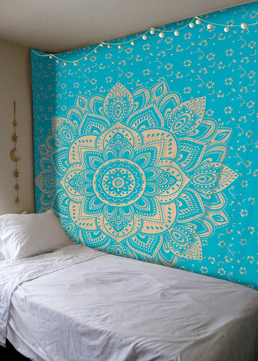 Navy blue tapestry with a large gold mandala pattern and smaller gold floral designs, made of polyester. - Image 16