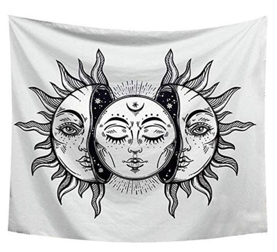 White tapestry with a black and white celestial design featuring three faces representing the sun and moon.