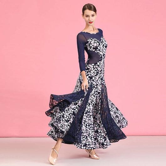 Falda de Práctica para Danza Moderna y Vals en Lino Azul Marino con Estampado Cristal - Image 12