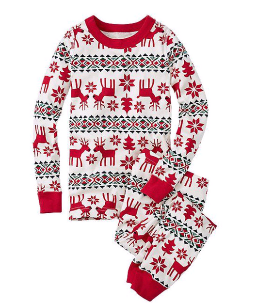 White and red Christmas parent-child pajama set with reindeer, snowflake, and geometric patterns. - Image 6