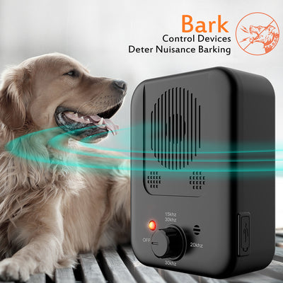 Black ultrasonic anti-barking device with a red light and a control knob, next to yellow pet goggles with rainbow lenses.