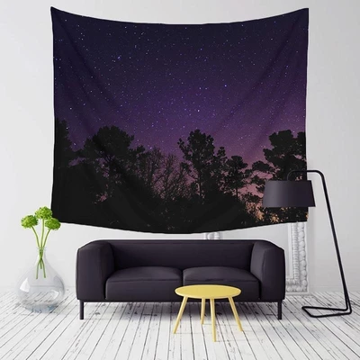 Digital printed tapestry featuring a starry purple night sky over a dark forest silhouette, hanging on a white wall. - Image 2