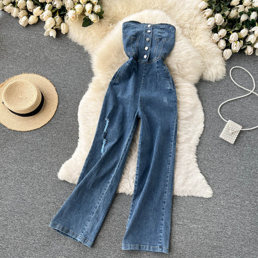 Pantalón Palazzo Denim de Cintura Alta con Top Tubo para Primavera y Verano - Image 12