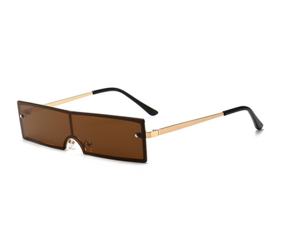Red rectangular rimless sunglasses with gold-colored metal temples and black ear tips on a white background. - Image 13