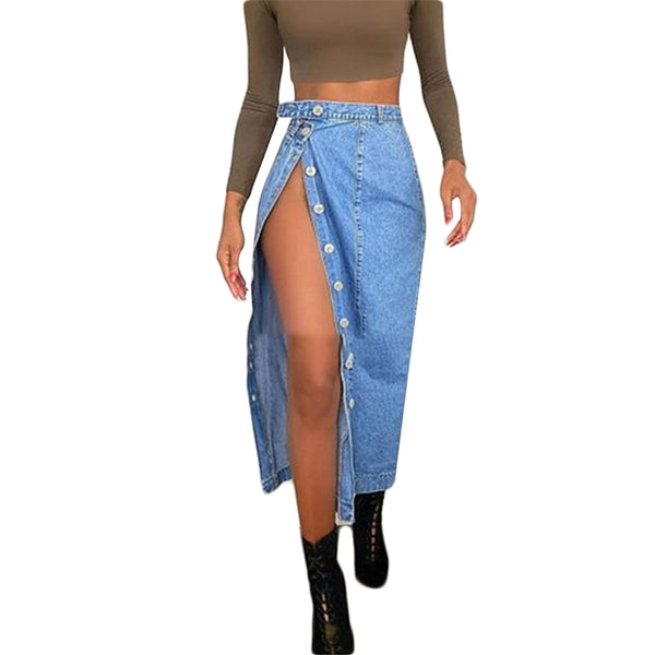 Falda Denim Casual con Abertura Lateral - Estilo Europeo y Estadounidense