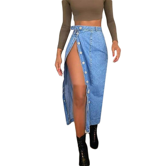 Falda Denim Casual con Abertura Lateral - Estilo Europeo y Estadounidense