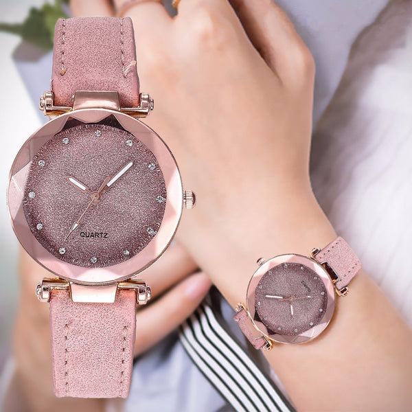 Reloj de Pulsera para Mujer Romántico con Cielo Estrellado, Diseño Cuero y Diamantes