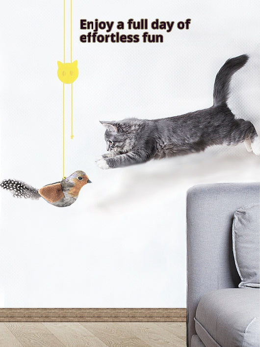 Plush bird cat toy with orange chest, brown body, and real speckled feathers, includes a yellow hanging rope. - Image 15