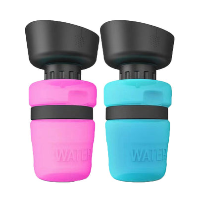 Pink and black foldable pet water bottle with integrated bowl, shown extended and collapsed, with a dog drinking. - Image 7