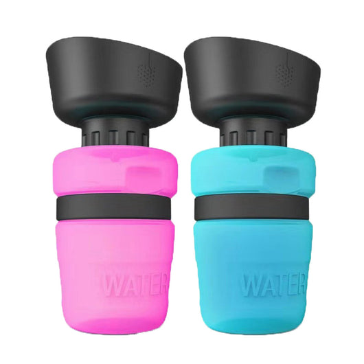 Pink and black foldable pet water bottle with integrated bowl, shown extended and collapsed, with a dog drinking. - Image 7