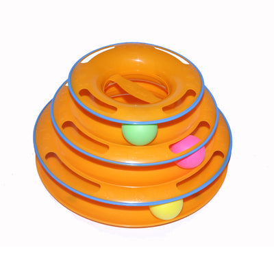 Orange three-layer cat play plate with blue trim, featuring a pink, green, and yellow ball on each level. - Image 4