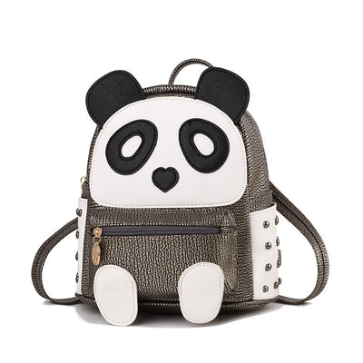 Metallic gold and white cartoon panda backpack with black ears and eye patches, a heart nose, and studded side panels. - Image 3