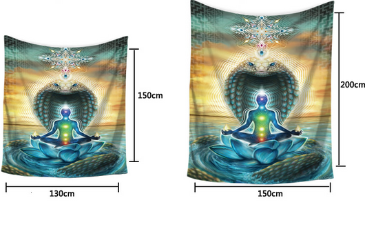Vibrant lotus meditating tapestry with a figure in a yoga pose, chakras, and a cobra, in blue, green, orange, and yellow. - Image 5