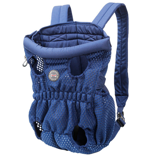 Navy blue mesh pet carrier backpack with leg holes and a light blue portable pet water bottle with a transparent reservoir. - Image 2