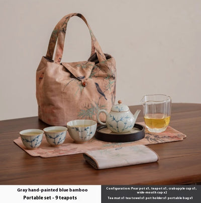 Juego de Té Gaiwan Porcelana Pintada a Mano con Diseño Bambú Azul - Image 4