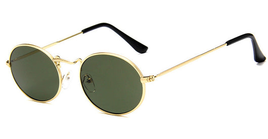 Retro round sunglasses with pink lenses and a gold-colored metal frame, featuring black ear tips. - Image 10