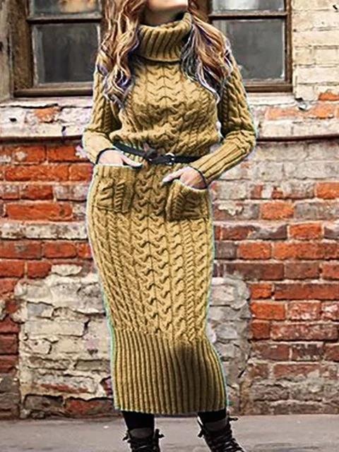 Vestido Suéter Gola Alta com Bolsos em Tricô