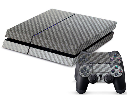 PS4 console and two controllers with a tan and beige carbon fiber sticker applied, featuring a woven pattern. - Image 9