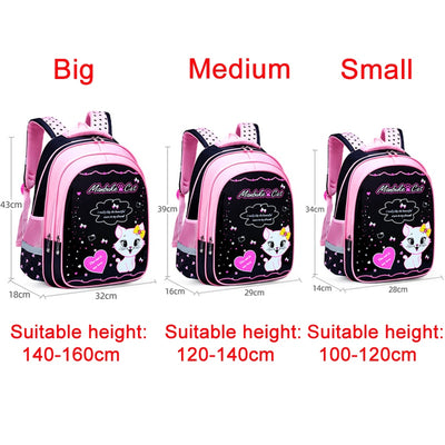 Kids black and pink backpack with a cute white cat print, paired with a matching lunch bag. - Image 19