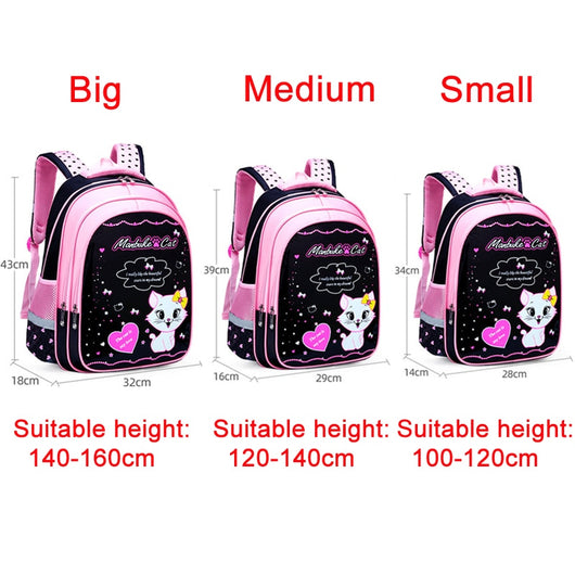 Kids black and pink backpack with a cute white cat print, paired with a matching lunch bag. - Image 19