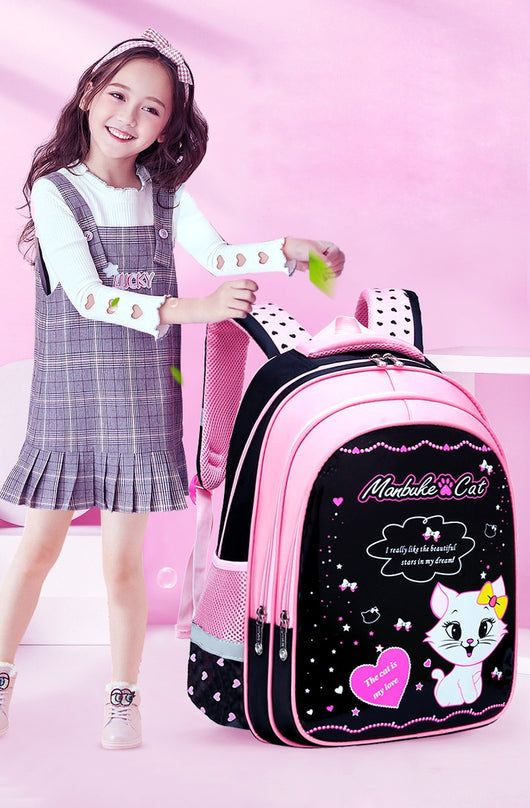 Kids black and pink backpack with a cute white cat print, paired with a matching lunch bag. - Image 20
