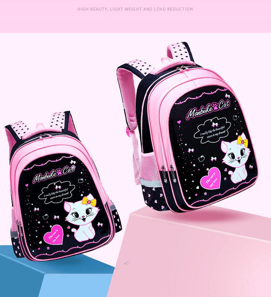Kids black and pink backpack with a cute white cat print, paired with a matching lunch bag. - Image 21