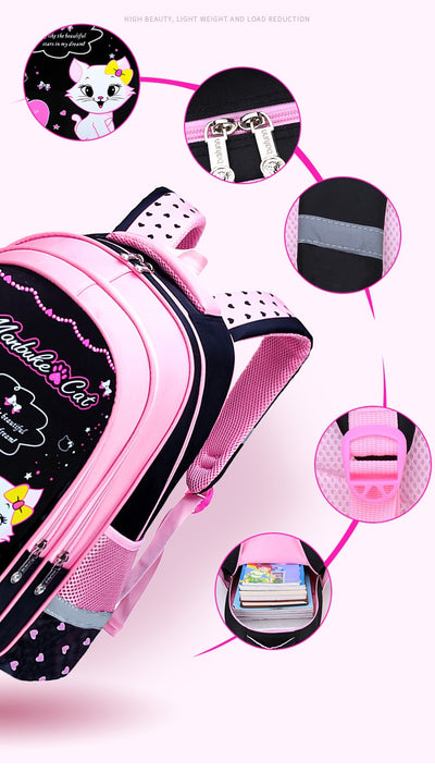 Kids black and pink backpack with a cute white cat print, paired with a matching lunch bag. - Image 22
