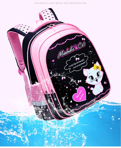 Kids black and pink backpack with a cute white cat print, paired with a matching lunch bag. - Image 23