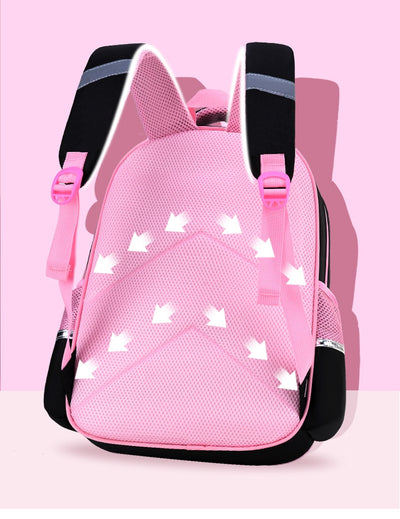 Kids black and pink backpack with a cute white cat print, paired with a matching lunch bag. - Image 24