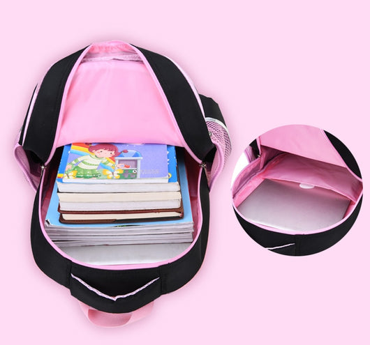 Kids black and pink backpack with a cute white cat print, paired with a matching lunch bag. - Image 25