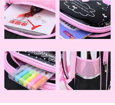 Kids black and pink backpack with a cute white cat print, paired with a matching lunch bag. - Image 26