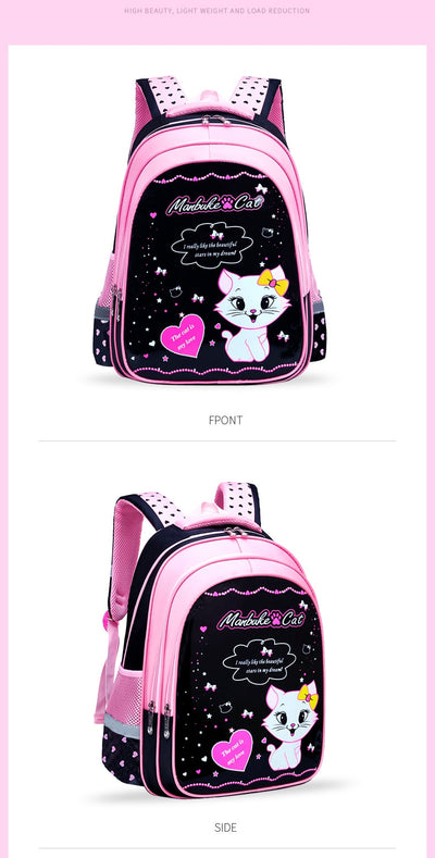 Kids black and pink backpack with a cute white cat print, paired with a matching lunch bag. - Image 28