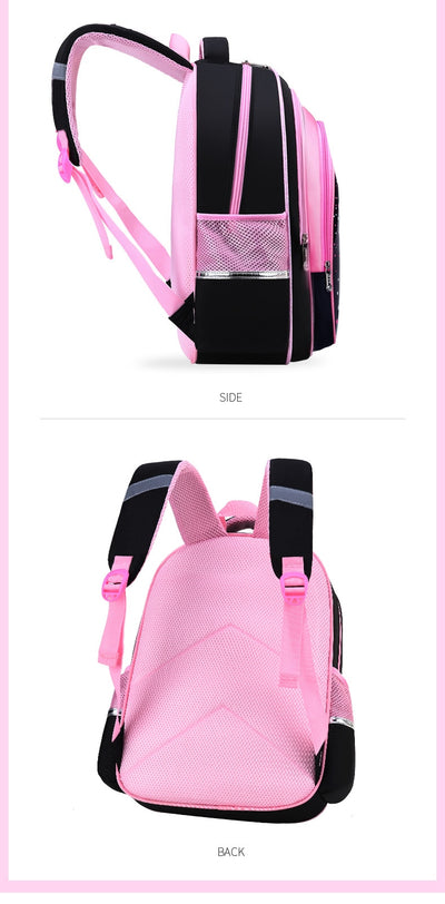 Kids black and pink backpack with a cute white cat print, paired with a matching lunch bag. - Image 29
