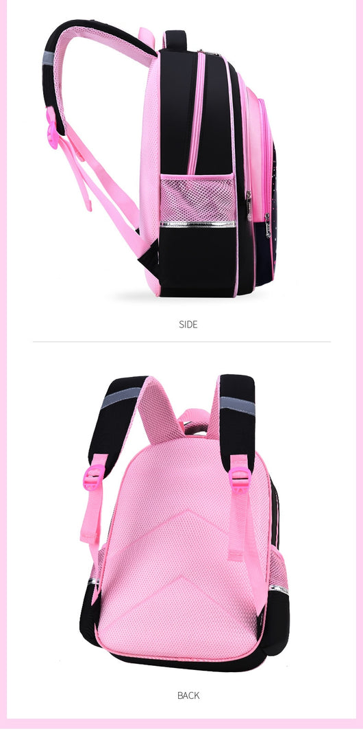 Kids black and pink backpack with a cute white cat print, paired with a matching lunch bag. - Image 29