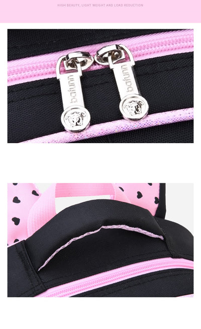 Kids black and pink backpack with a cute white cat print, paired with a matching lunch bag. - Image 30