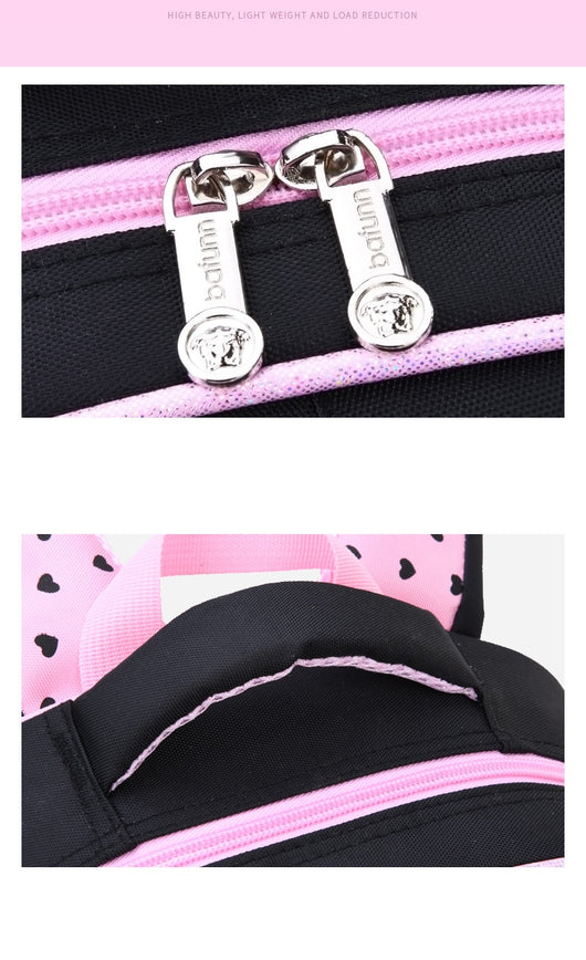 Kids black and pink backpack with a cute white cat print, paired with a matching lunch bag. - Image 30