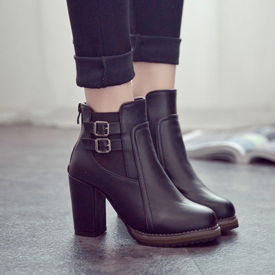 Botas Retro Británicas de Tacón Alto con Hebilla y Elástico para Mujer